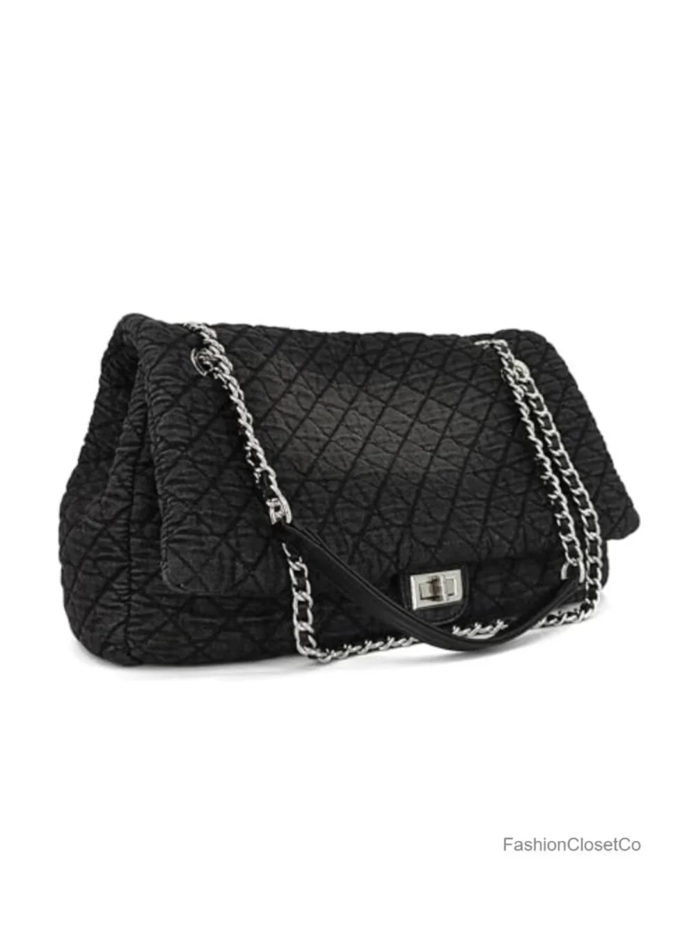 Extra Large Quilted Denim Hobo Bag with Chain Straps and Flap Closure for Travel